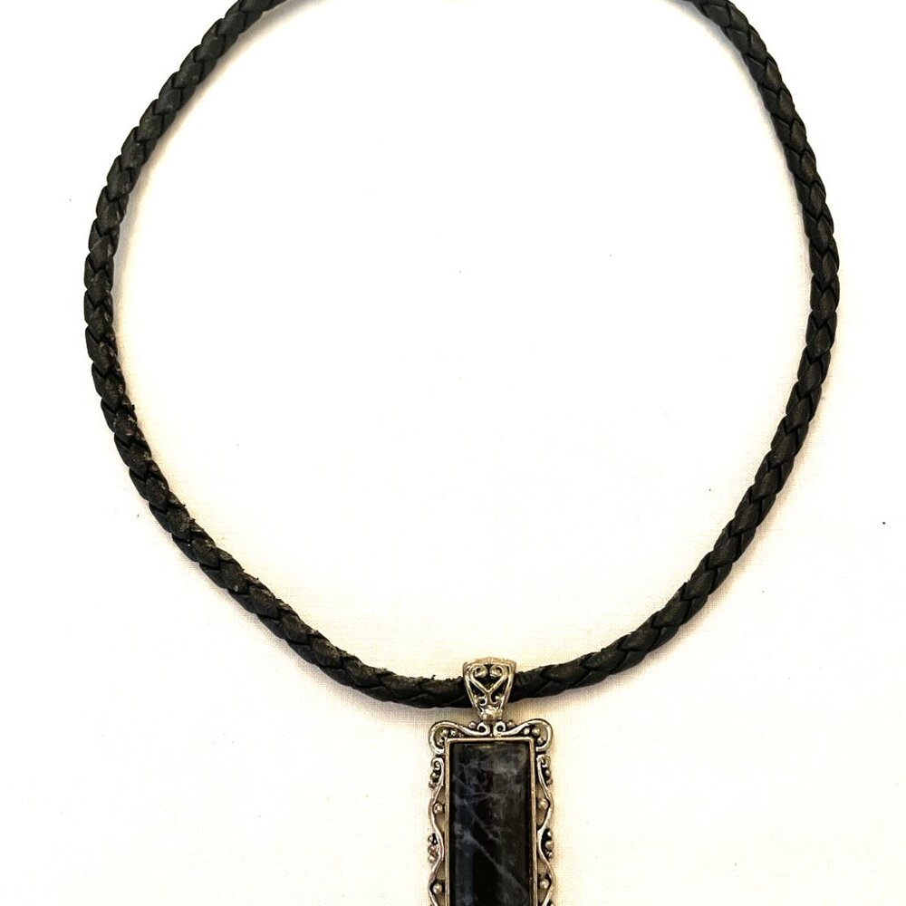 18" Choker Necklace Blue Marbled Stone Pendant Black Braided Vinyl Rope Handmade